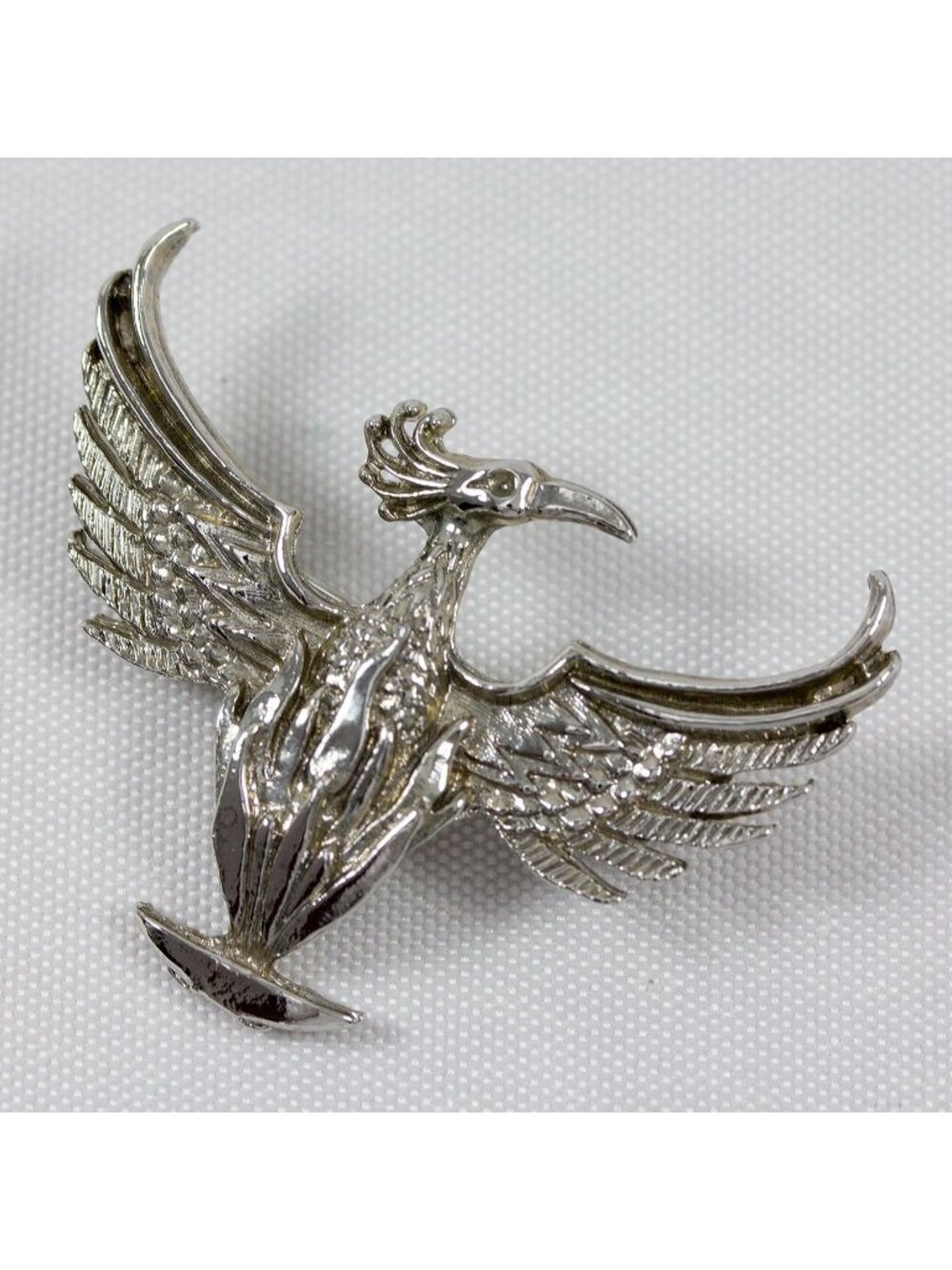 Mythical Phoenix Bird Rising Bird Lapel Pin Silver-Tone Metal 1.75"